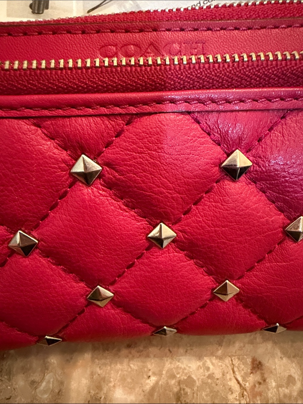Coach Studded Quilted Double Zip AccordionClutch Wristlet color Berry - Picture 5 of 16